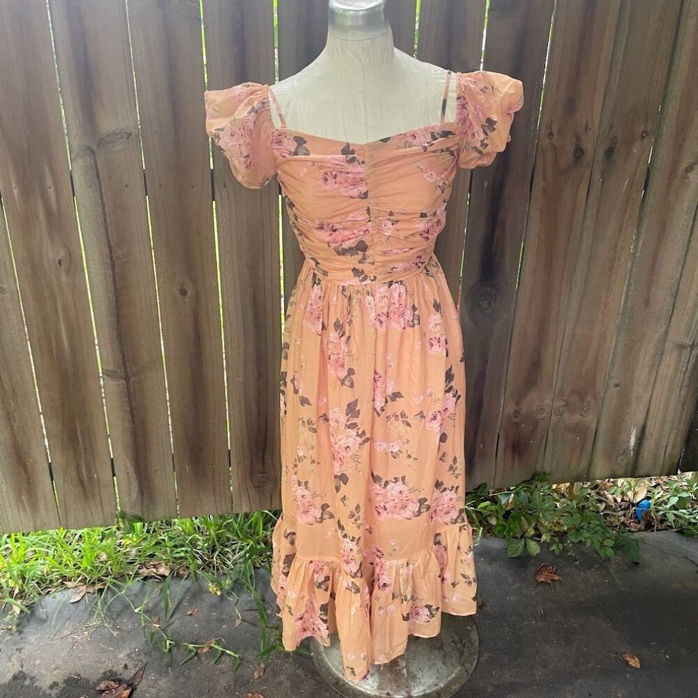 WHITE HOUSE BLACK MARKET Floral Puff Sleeve Off Shoulder Romantic DRESS M nwot